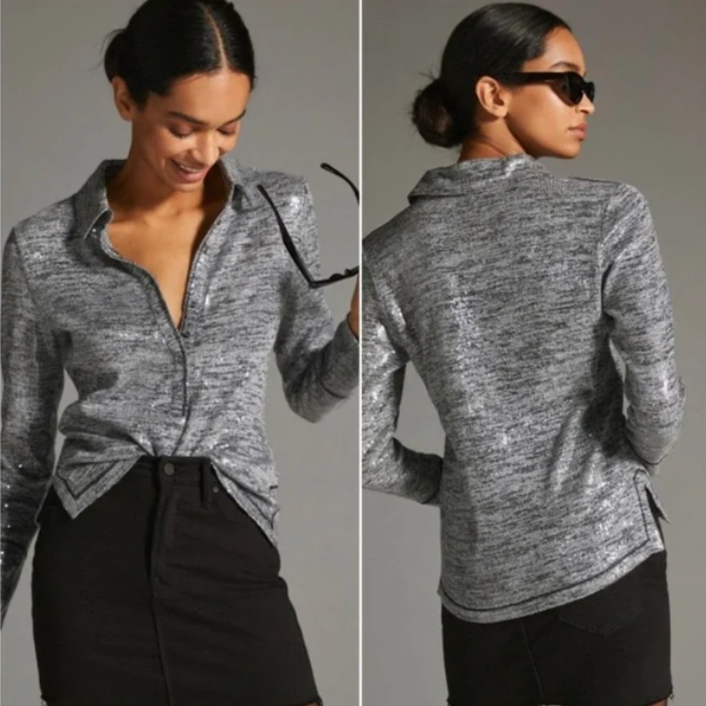 Nwt Anthropologie Pilcro Shimmer Collared Shirt Gray Sequin Xxs
